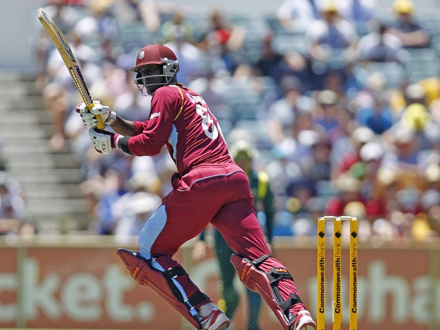 West Indies captain Darren Sammy hits a shot during his sides match against Australia on February 1, 2013 