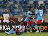 Congo's Dieumerci Mbokani celebrates with team mate Alain Kaluyituka after scoring the opening goal in the Africa Cup of Nations against Mali on January 28, 2013