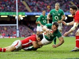 Cian Healy scores for Ireland in their match against Wales on February 2, 2012