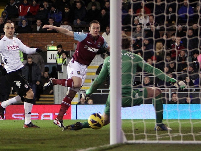 West Ham's Kevin Nolan smashes in a goal against Fulham on January 30, 2013