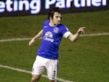 Everton's Leighton Baines celebrates a goal against West Brom on January 30, 2013