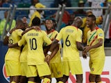 Mali's Mahamadou Samassa is congratulated by team mate after scoring the equaliser in the Africa Cup of Nations against Congo DR on January 28, 2013