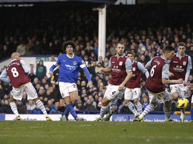 Everton midfielder Marouane Fellaini pulls a goal back against Aston Villa on February 2, 2013