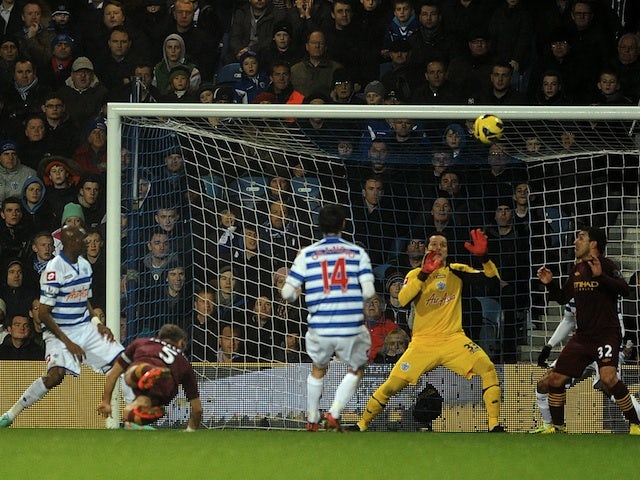 City defender Pablo Zabaleta misses a good chance against QPR on January 29, 2013