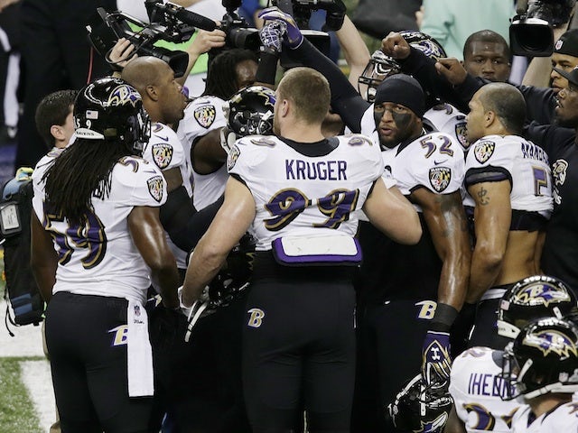 Ravens linebacker Ray Lewis with teammates at the Superbowl on February 3, 2013