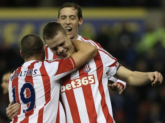 Stoke skipper Ryan Shawcross is congratulated after his goal against Wigan on January 29, 2013