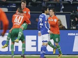 Nikola Durdic of Greuther Fuerth celebrates scoring against Schalke on February 2, 2013