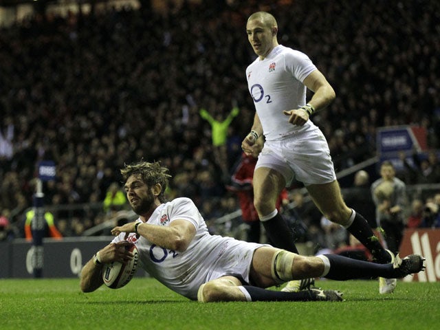 England player Geoff Parling scores a try against Scotland on February 2, 2013
