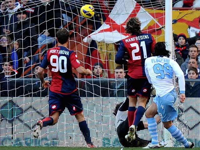Lazio's Sergio Floccari scores his team's first against Genoa on February 3, 2013