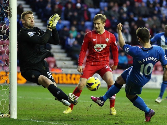 Wigan's Shaun Maloney scores a late equaliser against Southampton on February 2, 2013