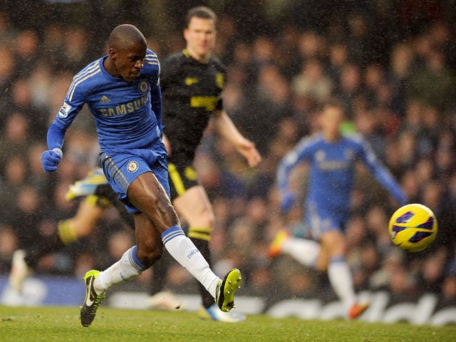 Chelsea's Nascimento Ramires scores his side's first goal in their match with Wigan on February 9, 2013