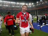 Wales player Leigh Halfpenny celebrates following his side's victory over France on February 9, 2013