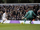Spurs' Gareth Bale slots the ball past Tim Krul of Newcastle on February 9, 2013