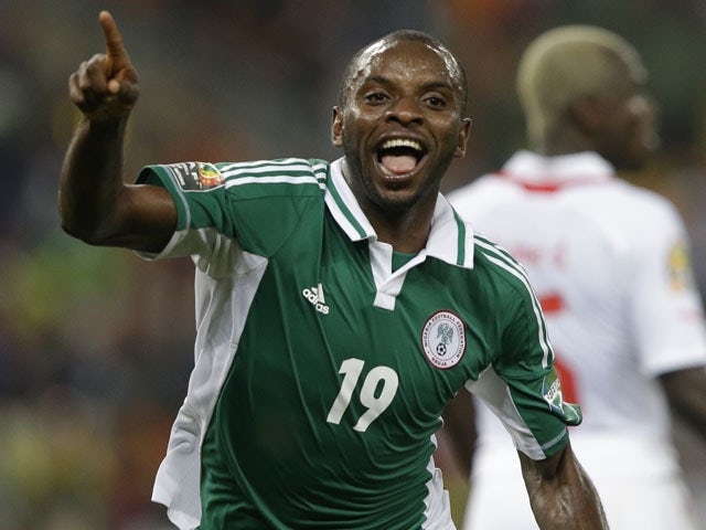 Nigeria's Sunday Mba celebrates after scoring against Burkina Faso in the African Cup of Nations final on February 10, 2013
