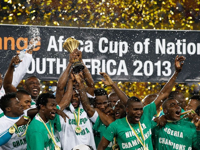 Nigeria players hold up the trophy after defeating Burkina Faso in the final of the African Cup of Nations on February 10, 2013