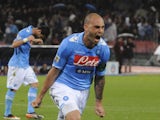 Napoli's Paolo Cannavaro celebrates after scoring against Novara on April 21, 2012