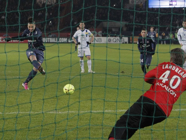 Paris Saint Germain's forward Zlatan Ibrahimovic scores from the penalty spot in his side's match against Bastia on February 8, 2013