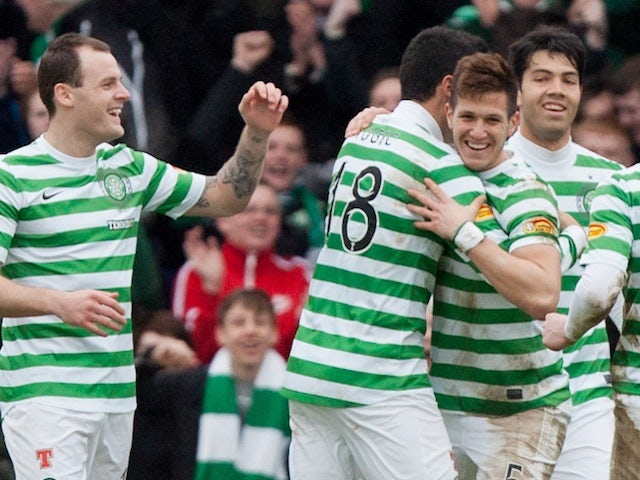 Celtic players congratulate Rami Gershon after a goal against Inverness on February 9, 2013