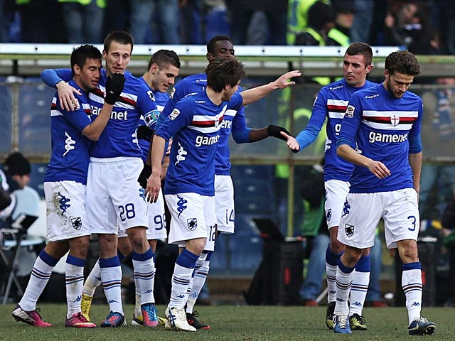 Sampdoria players celebrate a goal against Roma on February 10, 2013