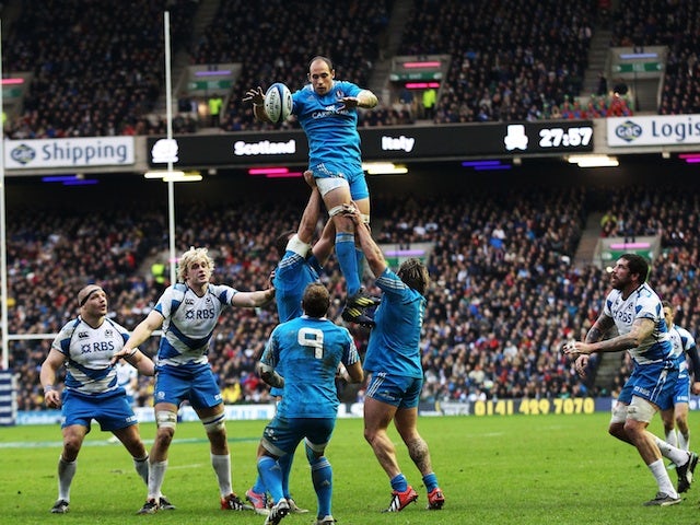 Italy's Sergio Parisse wins a line-out against Scotland on February 9, 2013