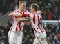 Robert Huth celebrates with his Stoke City teammate after scoring against Reading on February 9, 2013