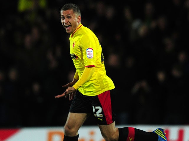 Watford player Almen Abdi celebrates scoring the opening goal in his side's match with Crystal Palace on February 8, 2013
