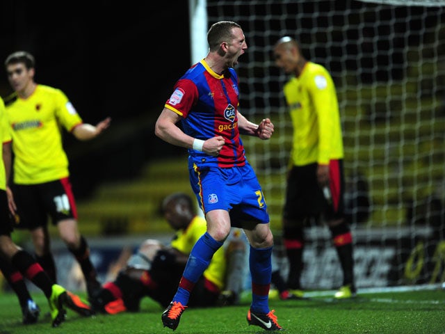 Crystal Palace's Peter Ramage celebrates scoring their first goal against Watford on February 8, 2013