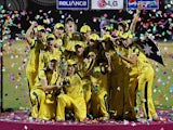 Australia celebrate with the trophy after beating West Indies to win the ICC Women's World Cup on February 17, 2013