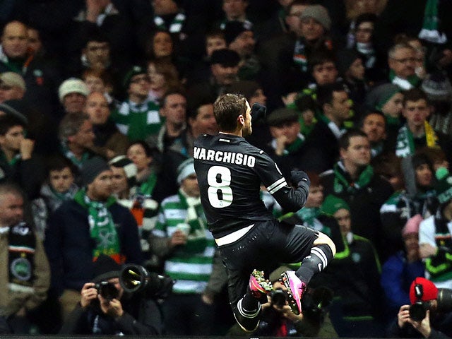 Juventus' Claudio Marchisio celebrates his goal against Celtic on February 12, 2013