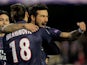 Paris Saint-Germain's Ezequiel Lavezzi is congratuated by team mate Zlatan Ibrahimovic after scoring the opening goal on February 12, 2013