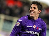 Fiorentina's Stevan Jovetic celebrates after scoring his second goal against Inter Milan on February 17, 2013