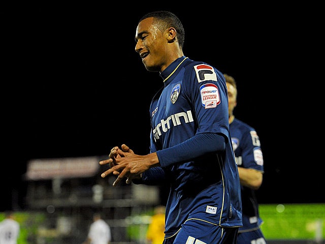 Oldham's Jordan Obita celebrates the opening goal against Everton in the FA Cup 5th round on February 16, 2013