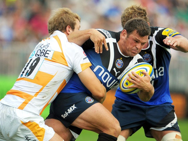 Bath player Lee Mears is tackled during his side's Aviva Premiership match with London Wasps on September 8, 2012