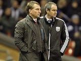 Liverpool manager Brendan Rodgers and West Brom manager Steve Clarke watch on during their teams encounter on February 11, 2013