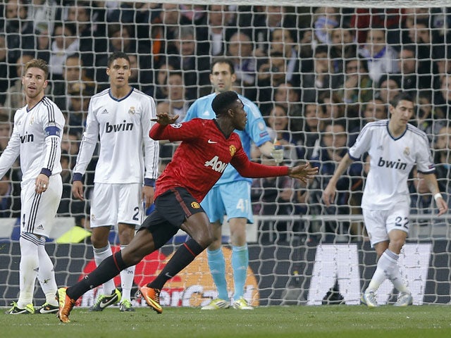 Manchester United's Danny Welbeck celebrates after scoring his side's first goal against Real Madrid on February 13, 2013
