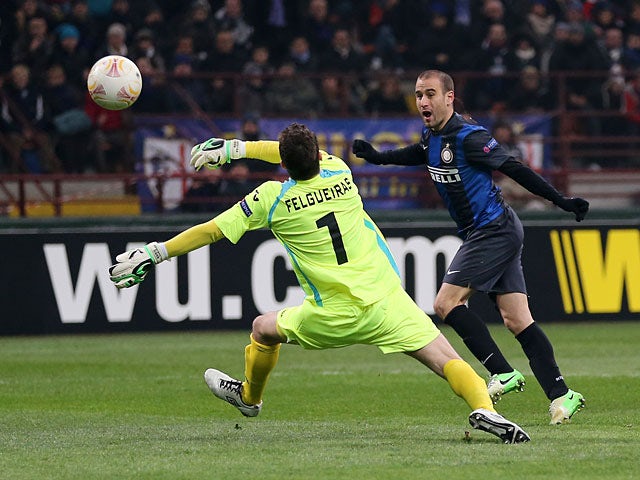Inter's Rodrigo Palacio scores the opener in the Europa League match against CFR Cluj on February 14, 2013