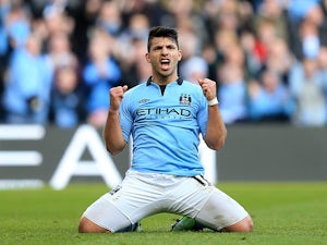 Manchester City's Sergio Aguero celebrates after scoring his second against Leeds in the FA Cup 5th round on February 17, 2013
