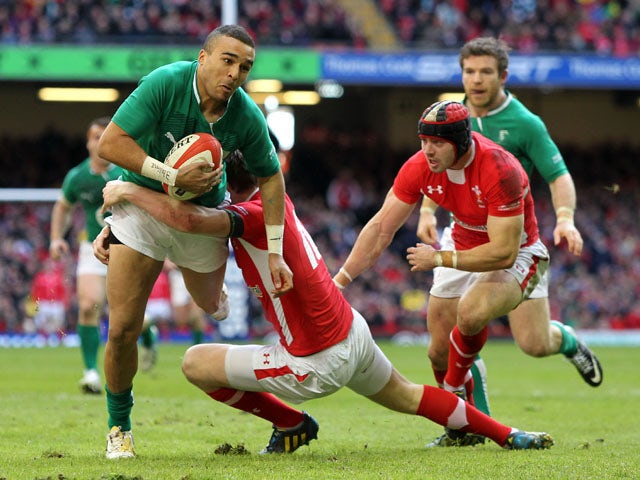 Ireland's Simon Zebo is tackled during his side's match with Wales on February 2, 2013