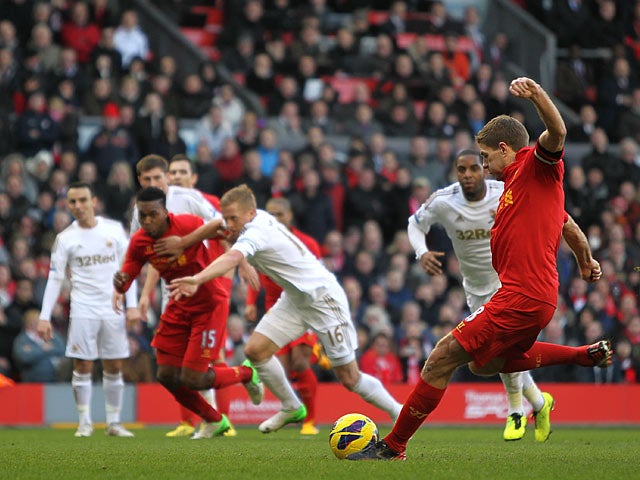 Steven Gerrard steps up to score a penalty to put his team a goal ahead against Swansea on February 17, 2013