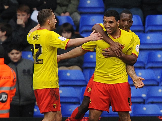 Watford's Troy Deeney is congratulated by team mates after scoring the opening goal against Birmingham on February 16, 2013