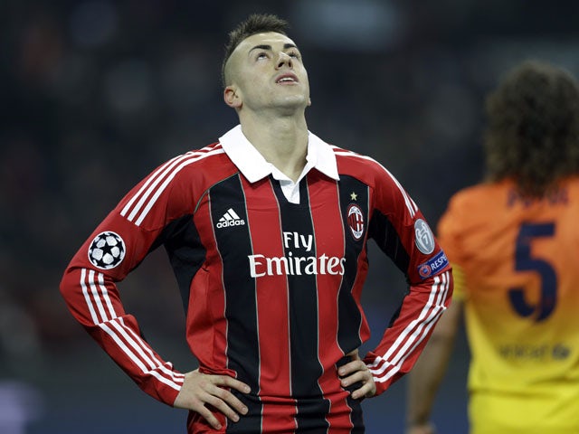 AC Milan forward Stephan El Shaarawy looks up after missing a chance during his side's match against Barcelona on February 20, 2013