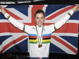Great Britain's Becky James celebrates after winning Gold in the Keirin on day five of the UCI Track Cycling World Championships on February 24, 2013
