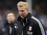 New Stoke midfielder Brek Shea warms up before the clash with Fulham on February 23, 2013