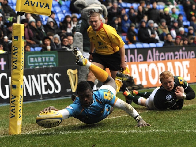 Wasps' Christian Wade scores a try during a game with London Irish on February 24, 2013