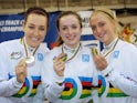 GB's Dani King, Elinor Barker and Laura Trott celebrate Gold in the team pursuit on day two of the UCI Track Cycling World Championships at the Minsk Arena on February 21, 2013