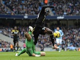 Chelsea striker Demba Ba is fouled by Joe Hart, winning a penalty in the game on February 24, 2013