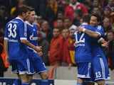 Shalke players celebrate with Jermaine Jones after he scored against Galatasaray in the Champions League on February 20, 2013