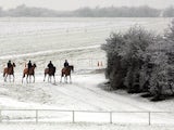 Snow covered tracks with racehorses walking on it, dated January 19, 2001