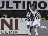Siena's Innocent Emenghara celebrates a goal against Lazio on February 18, 2013
