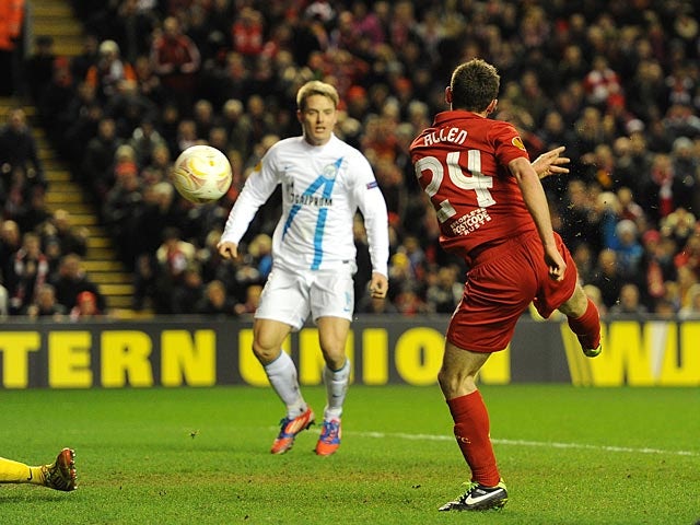 Liverpool's Joe Allen scores the team's second against Zenit St Petersburg on February 21, 2013